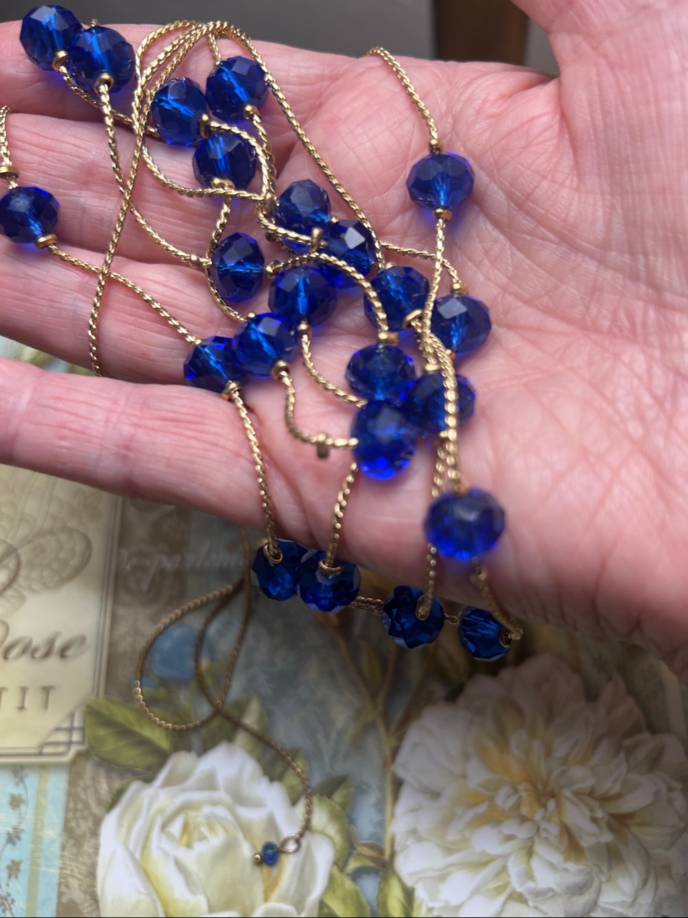 Adjustable length Gold Multi-Strand Necklace with Royal Blue Beads
